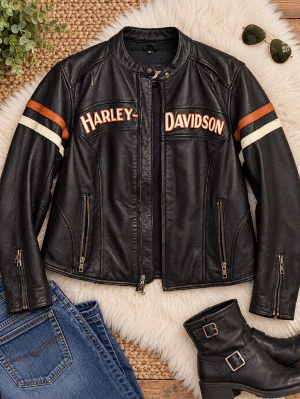 Harley-Davidson Women's Black Leather Racing Jacket with Orange & White Stripes